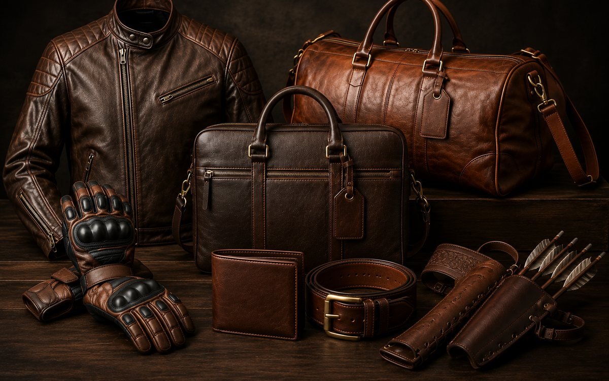 Premium leather goods collection — jacket, duffel bag, briefcase, motorbike gloves, wallet, belt and archery arm guards