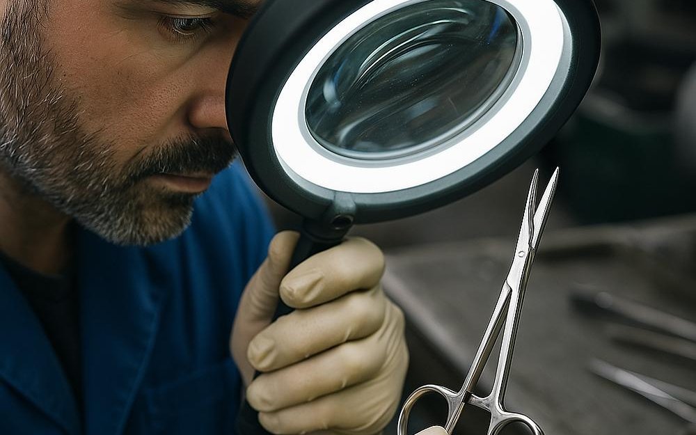 Quality inspector examining a precision surgical instrument under an illuminated magnifier