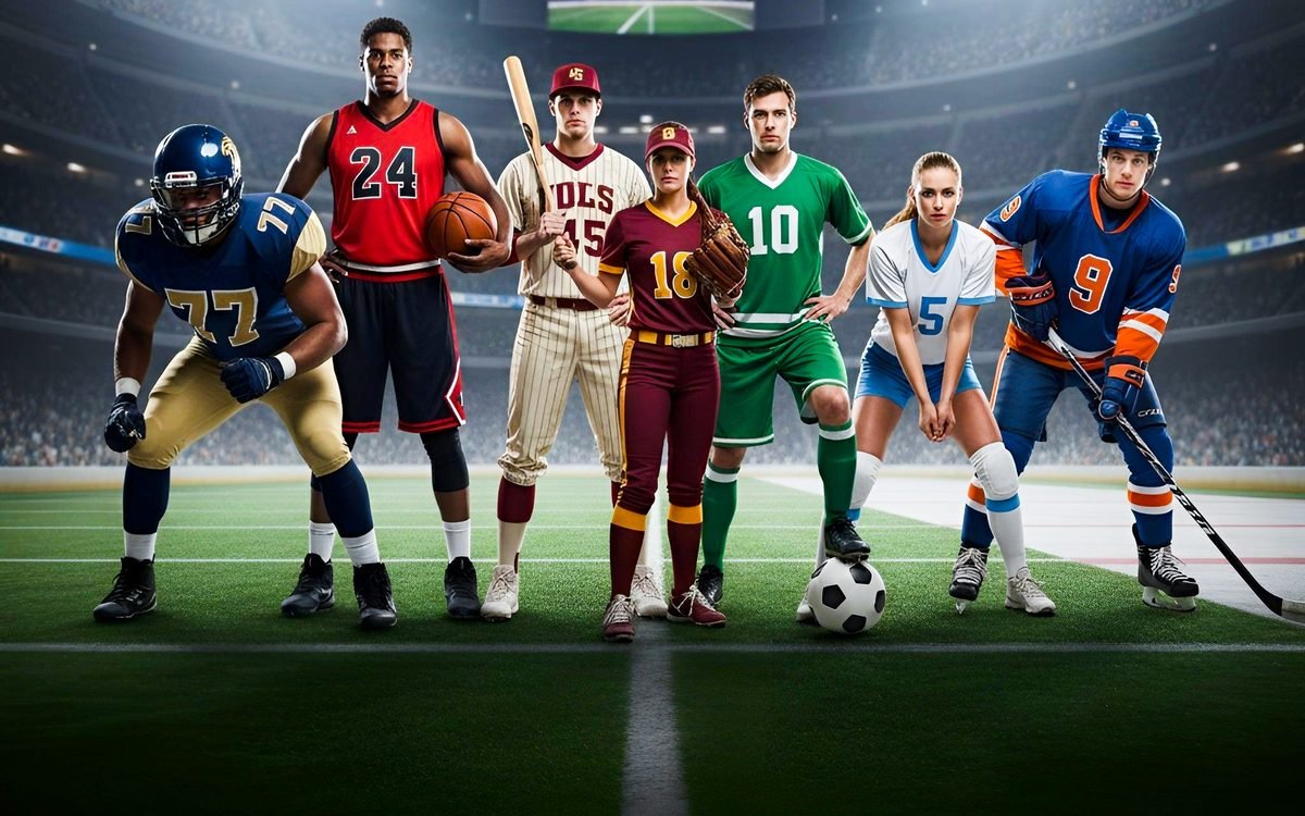 Team athletes in American football, basketball, baseball, softball, soccer, volleyball and hockey uniforms